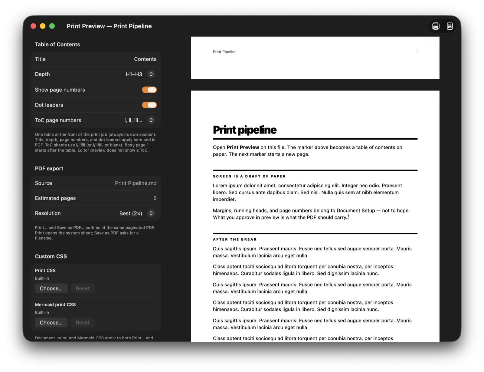 DownSide Print Preview for Print Pipeline with table of contents settings and roman page i
