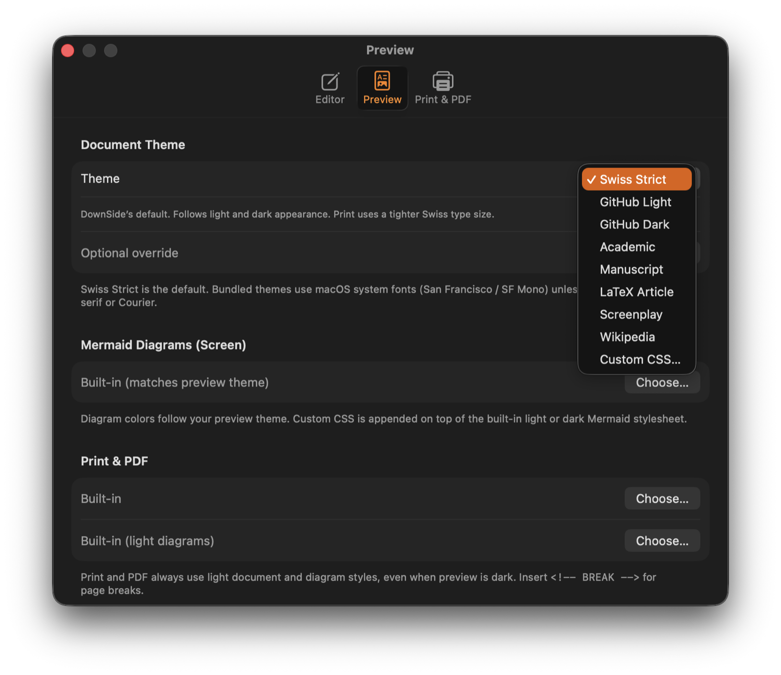 DownSide Preferences Preview tab with Swiss Strict theme dropdown open