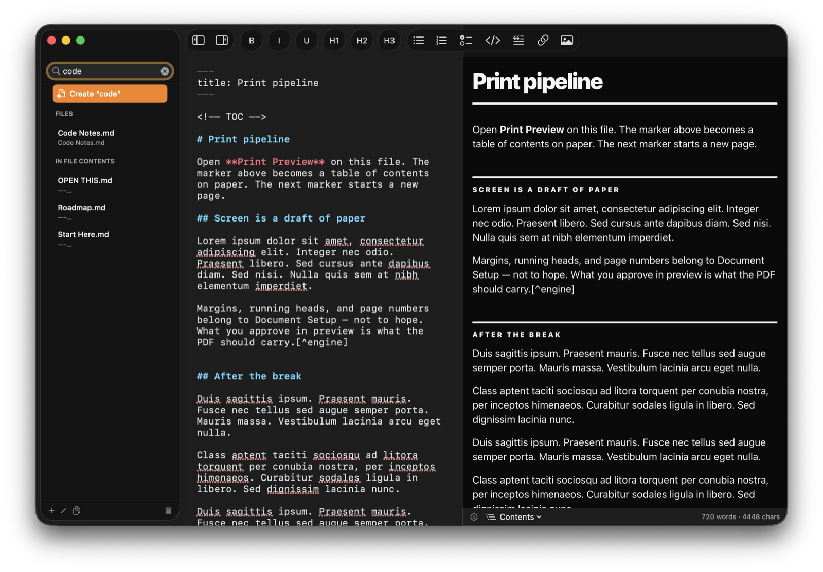 DownSide three-pane workspace with sidebar search for code, Code Notes.md, and Print Pipeline at 720 words